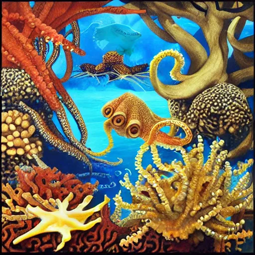 Image similar to confluence of aquatic wild life. octopus, fish, coral, fantasy, painting, detailed, paid artwork, portfolio, intricate lighting