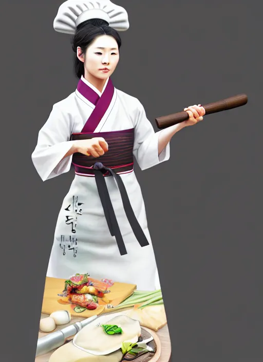 Image similar to character concept of a south korean female chef, wearing a beautiful hanbok inspired apron, holding magical kitchen knives, by kan liu and loish, 4 k render, unreal engine, high resolution, intricate detailed, hyperdetailed, photorealistic, artstation, smooth, sharp focus