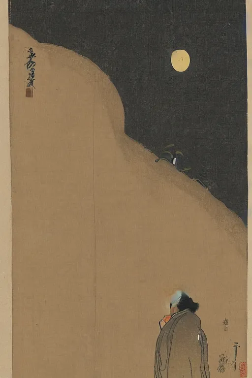 Prompt: a man gazing into the moon, the moon staring right back at the man, edo period