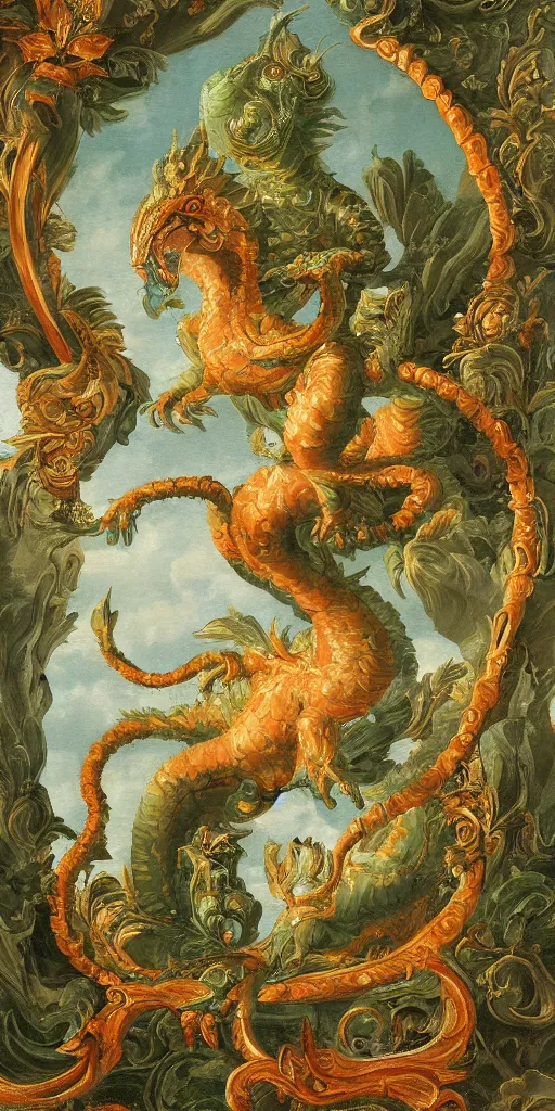 Image similar to award winning rococo painting of a mythological basilisk staring directly at the camera. The basilisk is made of binary numbers glowing green