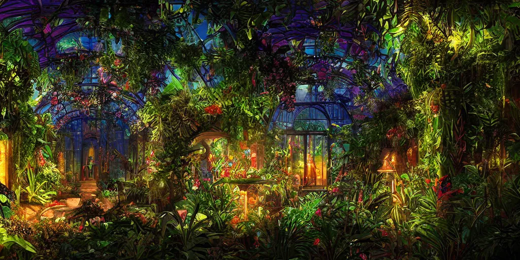 Prompt: secret garden, tropical greenhouse, glass cover, neon lights, mythology, fairy tale, evening lights, highly detailed, low angle view, artstation, mysterious, comfort, in the style of aetherpunk