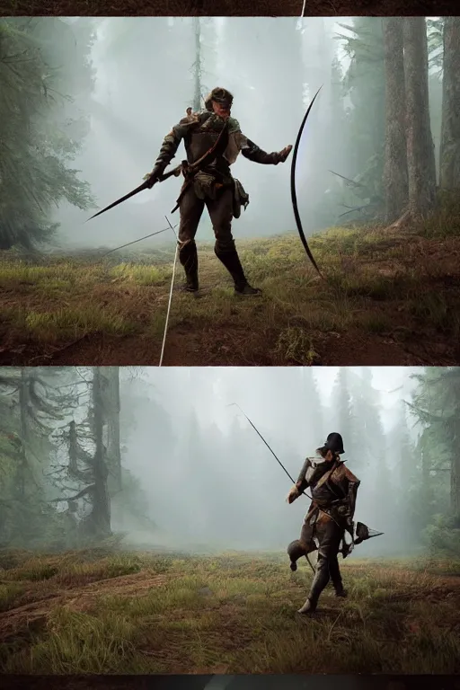 Image similar to A ranger, sword and bow in hand, entering a forest clearing in the style of Pascal Blanché, trending on artstation, artstationHD, artstationHQ, unreal engine, 4k, 8k