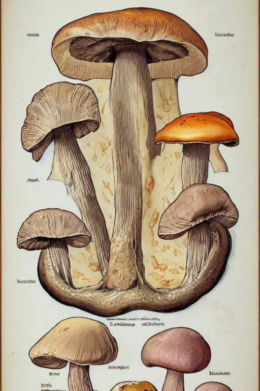 Prompt: scientific illustrated plate of mushroom anatomy