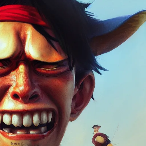 Image similar to closeup portrait of monkey d luffy, realistic portrait, dramatic lighting, trending on artstation, high detail, by greg rutkowski