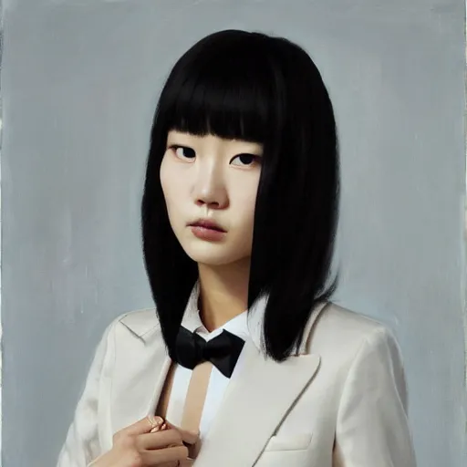 Image similar to portrait of a beautiful korean girl wearing a men's tuxedo, with long hair and bangs, angular features, angry expression, oil on canvas, elegant pose, masterpiece, Jonathan Yeo painting