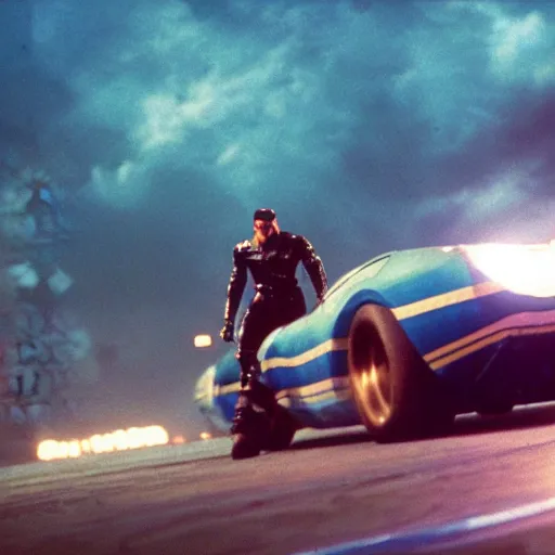 Image similar to Still of Captain Falcon and his racing machine, the Blue Falcon, in the movie Blade Runner, full body, cinematic lighting, 4k