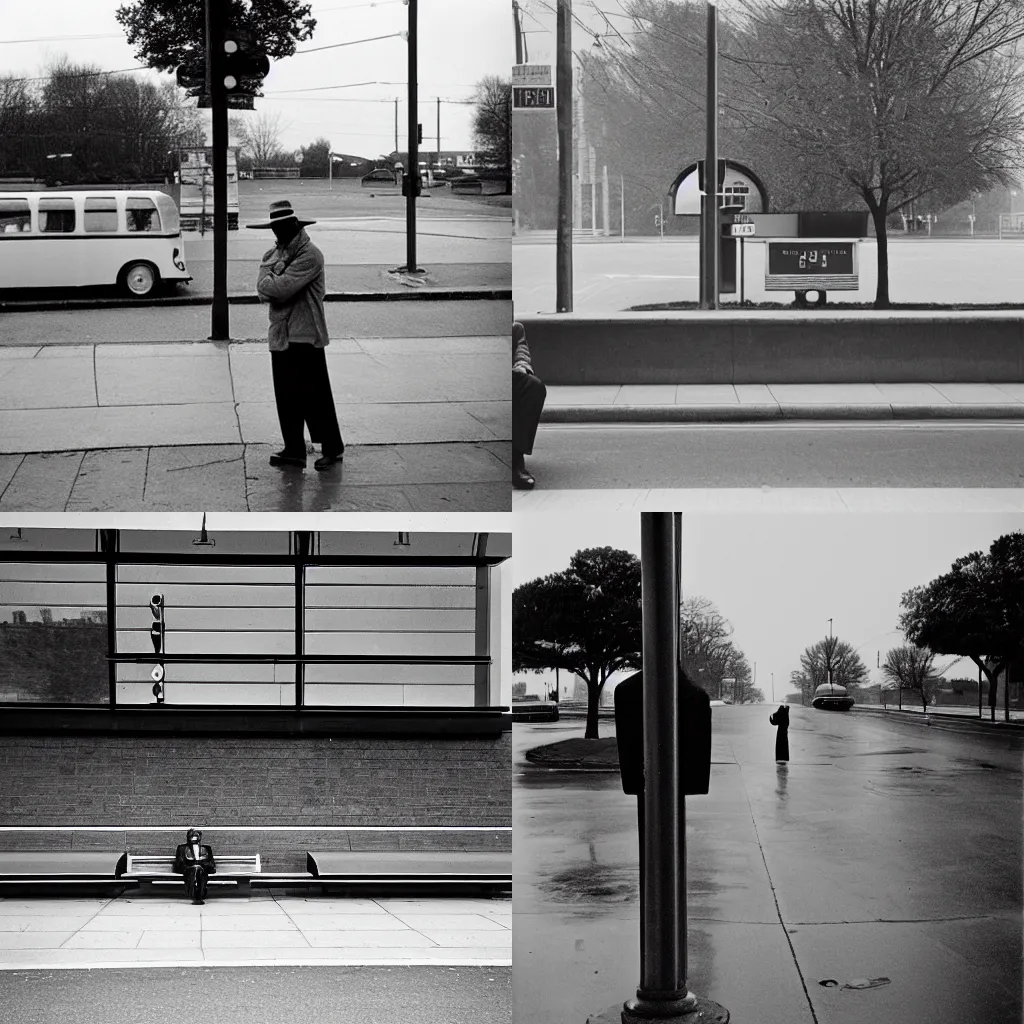 Prompt: lonely man waiting at the bus stop on moody weather, lee friedlander