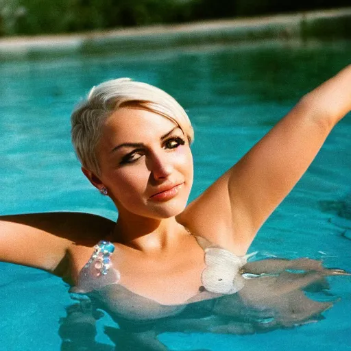 Image similar to a detailed portrait of a beautiful woman with short blond hair, look like model, wearing diamond earrings and necklace and rings, sitting in the pool, skinny, evening, los angeles landscape on background, 1 9 7 0 film photography