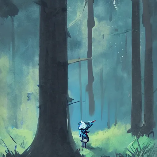 Prompt: medium shot painting of a blue - skinned wizard in a forest, by ismail inceoglu