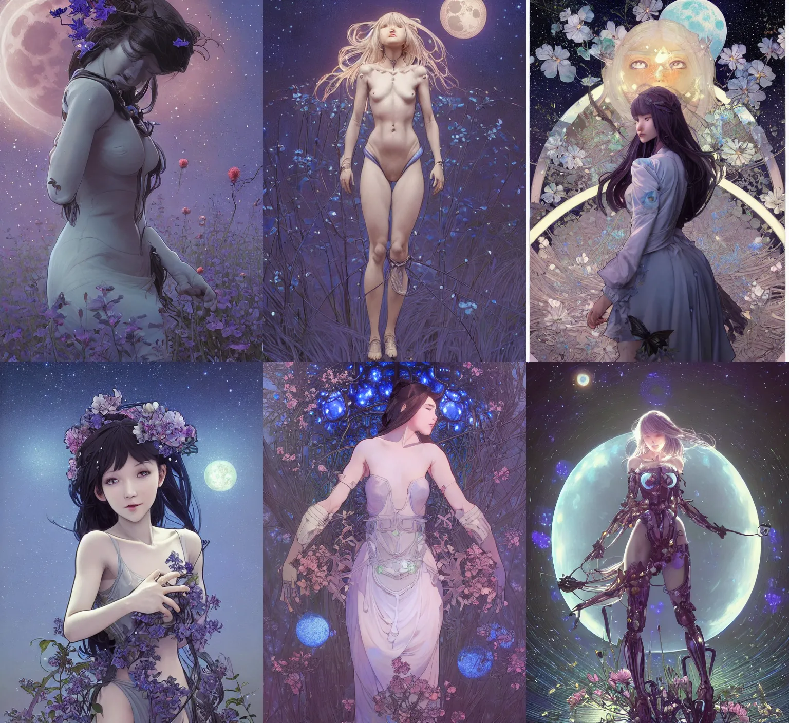 Prompt: detailed, sharp, dreaming humanoid female automata in exoskeleton surrounded by glowing blue flowers and flora, big moon and starry sky in the background by artgerm, by greg rutkowski, by alphonse mucha and by jin xiaodi and by Ilya Kuvshinov and Anna Dittmann and studio ghibli and WLOP and Rossdraws, digital art, surreal, trending on artstation, anime arts, featured on Pixiv, blue lighting, HD, 8K, highly detailed, good lighting, beautiful, epic, masterpiece