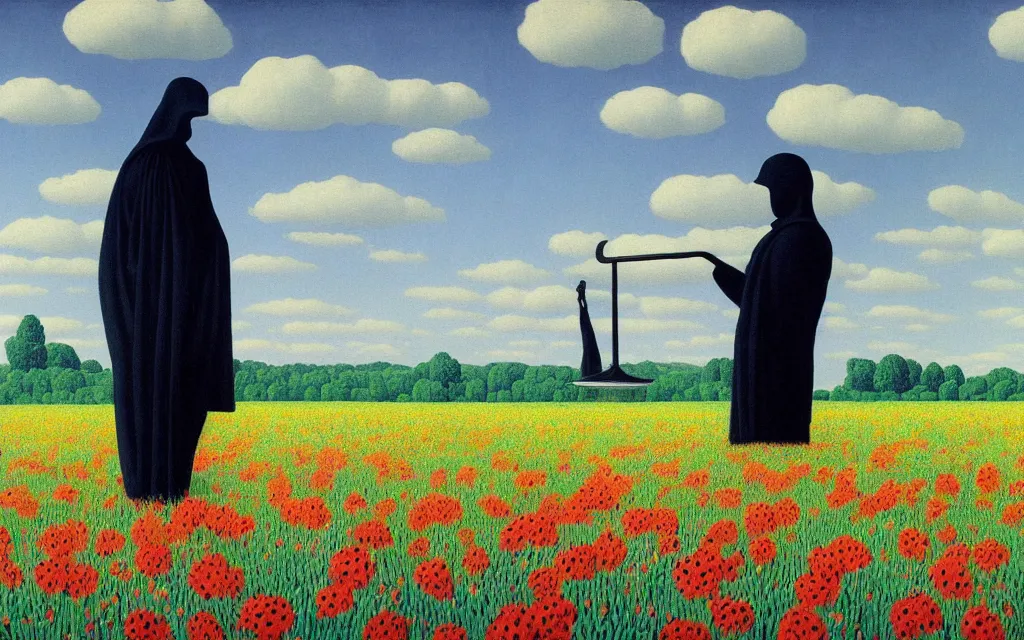 Prompt: grim reaper with no face, holding justice scale, looking at you in distance in beautiful meadow of flowers, detailed painting by rene magritte