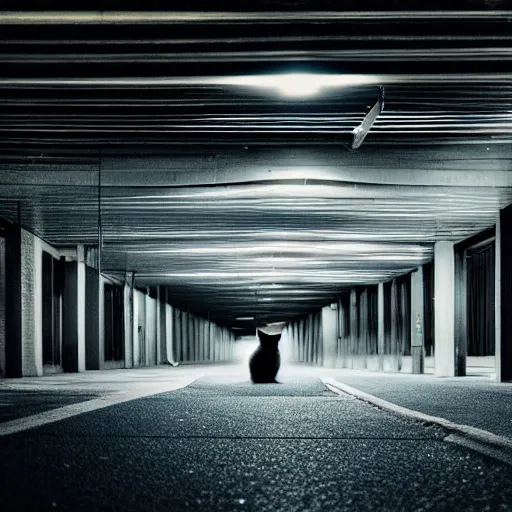 Image similar to a cat waiting at an overhead carpark at night, cinematic lighting