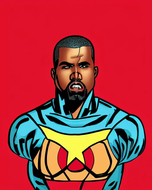 Prompt: Marvel Comics (1990s) X-Men comic book cartoon illustration of Kanye West on red background