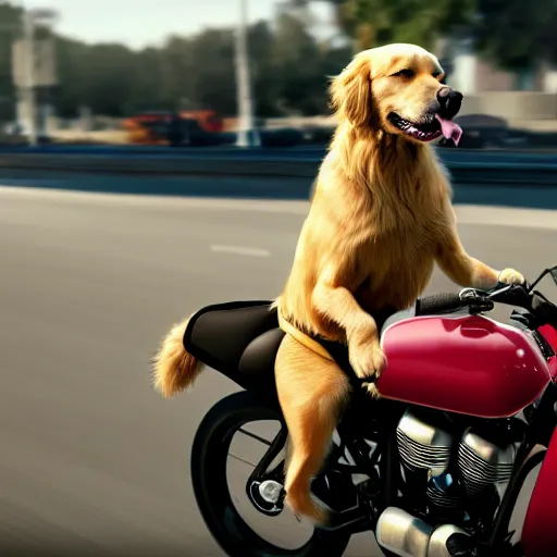 Prompt: golden retriever with a helmet riding on a motorbike through the streets of los angeles, realistic, 4 k, trending on artstation