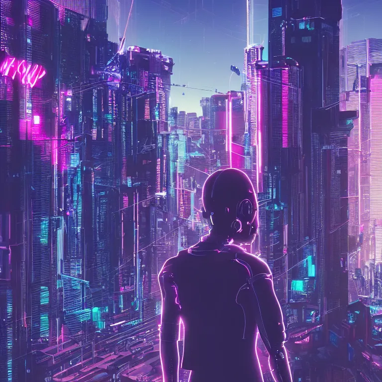 Prompt: A cyberpunk synthwave cyborg android staring out at the city below through a window