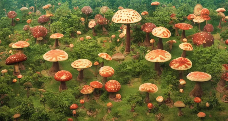 Image similar to A tribal village in a forest of giant mushrooms, by Wes Anderson,