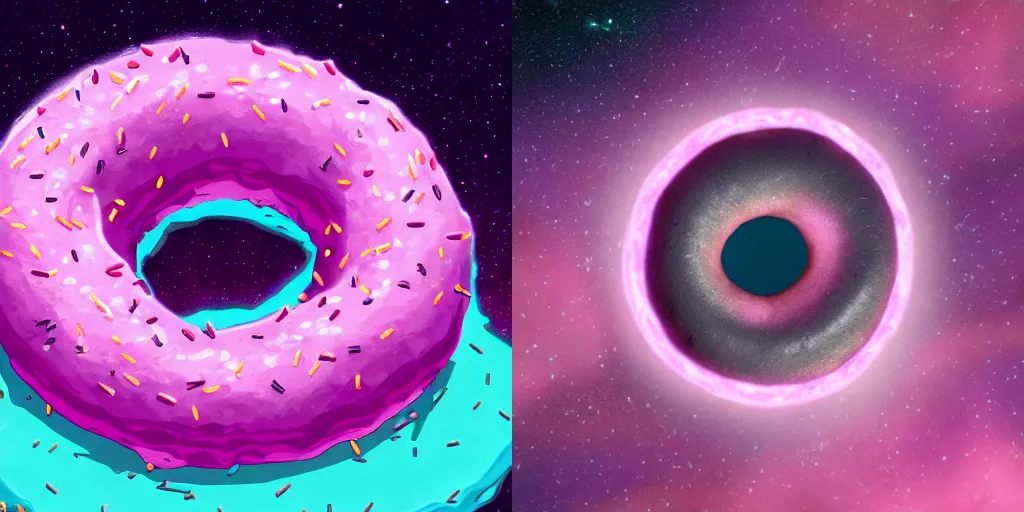 Prompt: a scene from Rick and Morty of a pink frosted donut asteroid field, many asteroid donuts