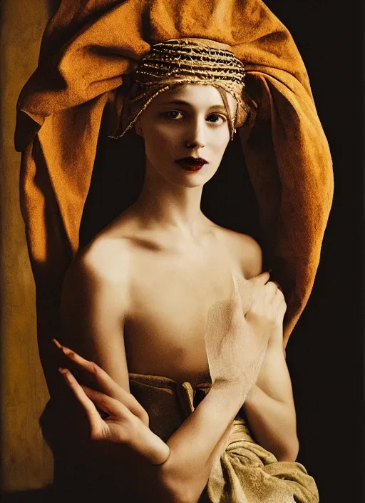 Image similar to portrait of young woman in renaissance dress and renaissance headdress, art by peter lindbergh