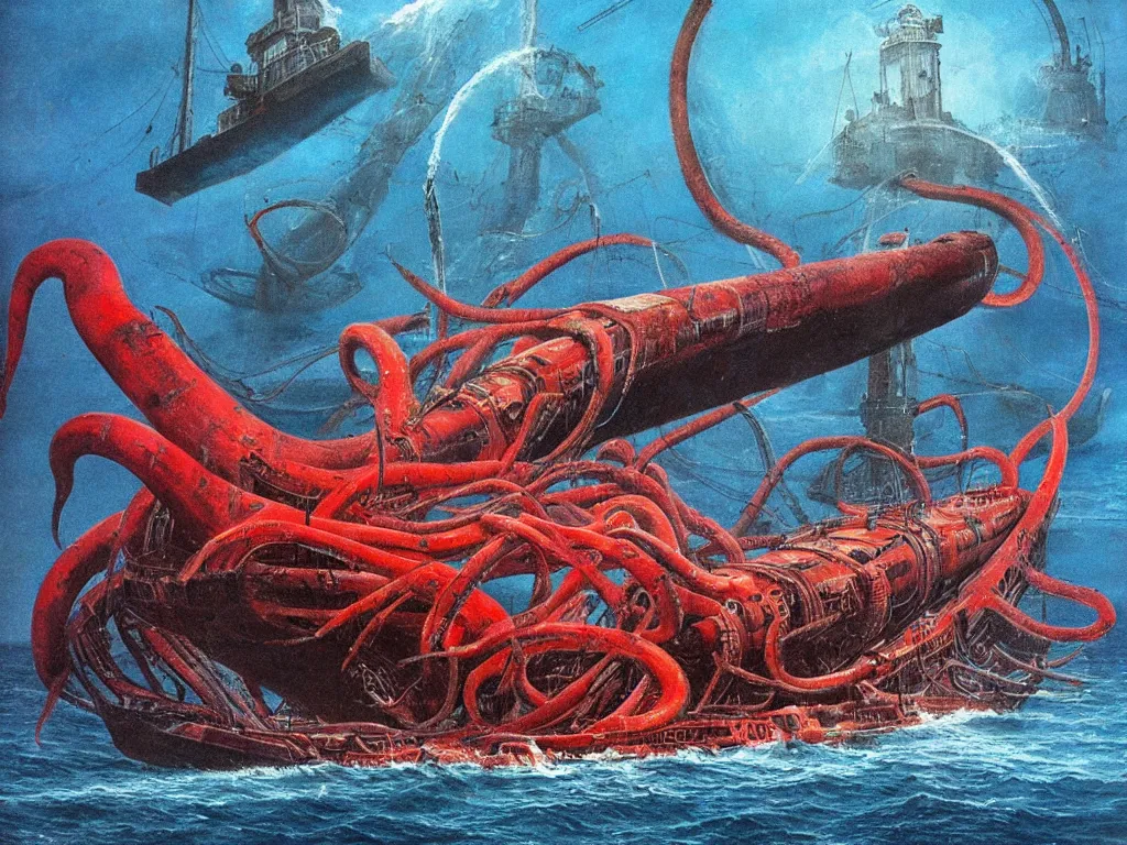 Image similar to soviet submarine sunk by giant squid, vivid colors, colorful, giger, artstation