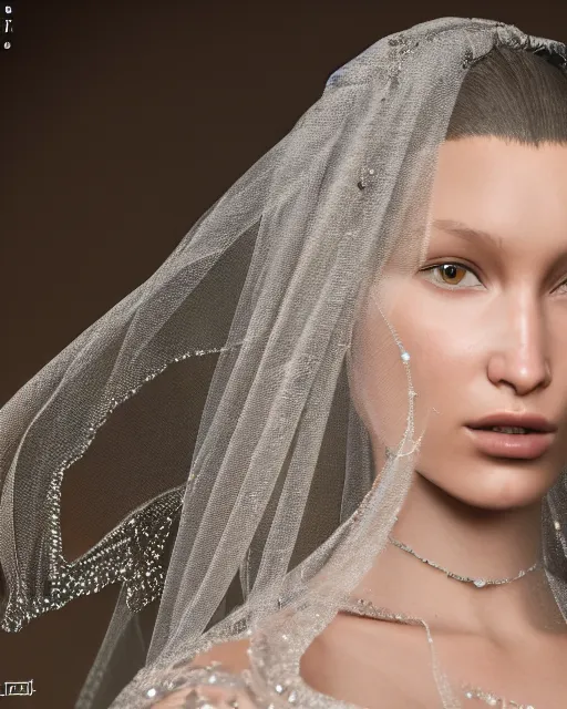 Image similar to a highly detailed metahuman 8 k close up render of bella hadid with a veil all over her face renaissance in iris van herpen dress schiaparelli in diamonds crystals swarovski and jewelry iridescent in style of alphonse mucha trending on artstation made in unreal engine 4