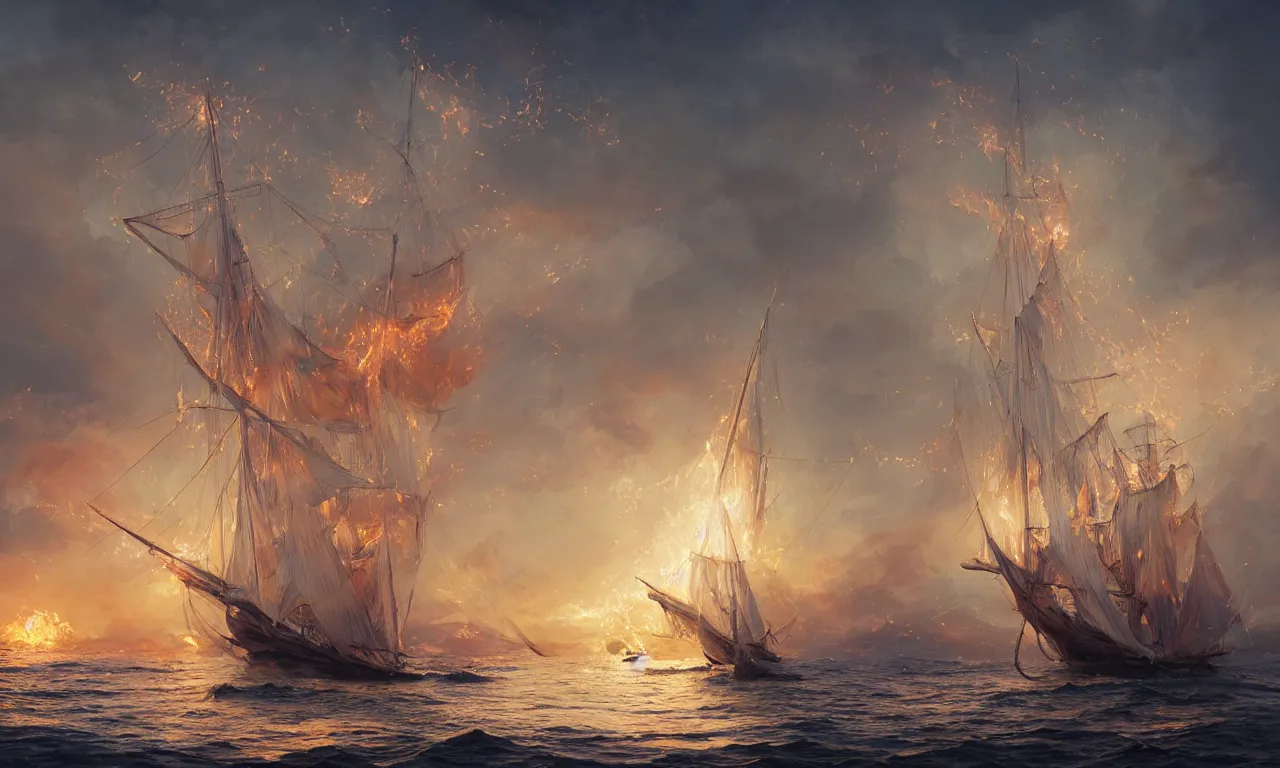 Prompt: a beautiful digital painting of a white caravel on fire flying in the clouds, firestorm of embers in the sunlight, rain of flames numerous burning ropes and intricated sails, blue sky at sunset, elegant, highly detailed, artstation, concept art, matte, sharp focus, art by tom bagshaw, kelogsloops and greg rutkowski