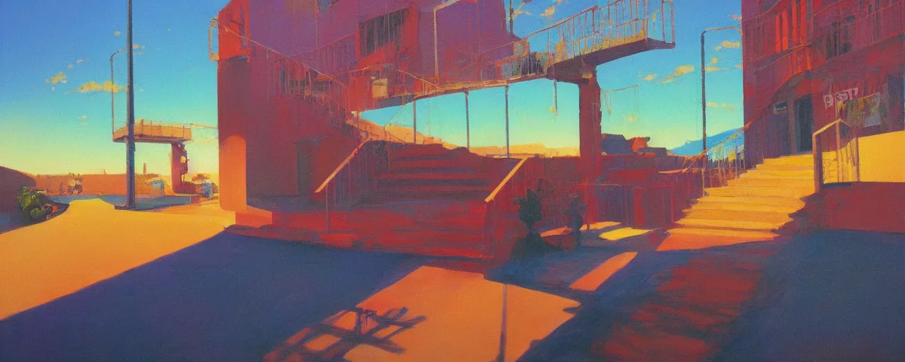 Image similar to A simplistic oilpainting of neo brutralism, a long stairway up, concept art, colorful, vivid colors, sunrise, warm colors, light, strong shadows, reflections, cinematic, 3D, in the style of Akihiko Yoshida and Edward Hopper