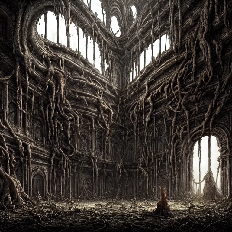 Prompt: ribbed abandoned giant castle, covered with tentacles, spines, roots and organic rotten flesh meat, baroque painting, standing in a desolate empty wasteland, creepy, nightmare, dream-like heavy atmosphere, surreal abandoned buildings, beautiful detailed intricate insanely detailed octane render trending on Artstation, 8K artistic photography, photorealistic, chiaroscuro, Raphael, Caravaggio, Beksinski, Giger