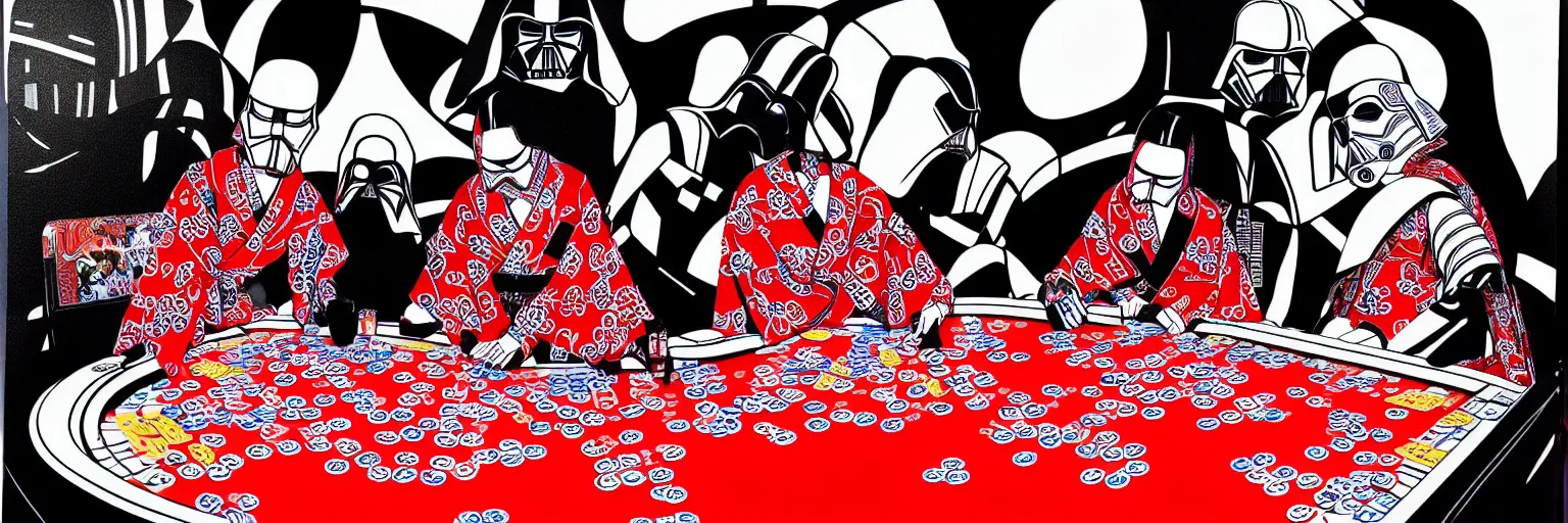 Image similar to hyperrealism composition of the detailed woman in a japanese kimono sitting at an extremely detailed poker table with darth vader and stormtrooper, fireworks on the background, pop - art style, jacky tsai style, andy warhol style, acrylic on canvas