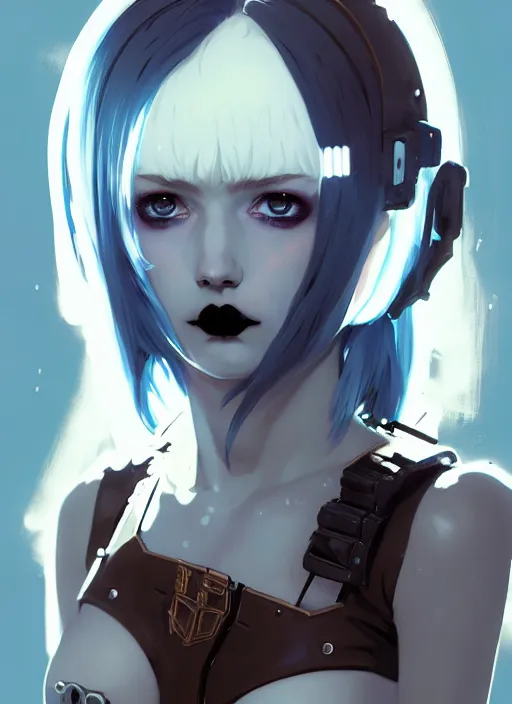 Prompt: portrait of cute goth maiden girl in cyber bikini armor, face by ilya kuvshinov, warhammer, cyberpunk, by atey ghailan, by greg rutkowski, by greg tocchini, by james gilleard, by joe fenton, by kaethe butcher, dynamic lighting, gradient light blue, brown, blonde cream and white color in scheme, grunge aesthetic