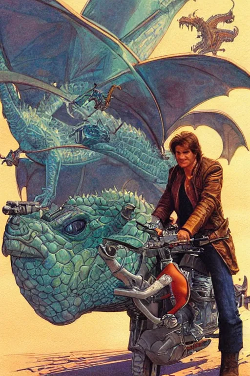 Image similar to han solo riding a dragon, full view, science fiction, art by jean giraud, moebius, juan gimenez, in watercolor gouache detailed paintings, in style of syd mead, colorful comics style, artstation