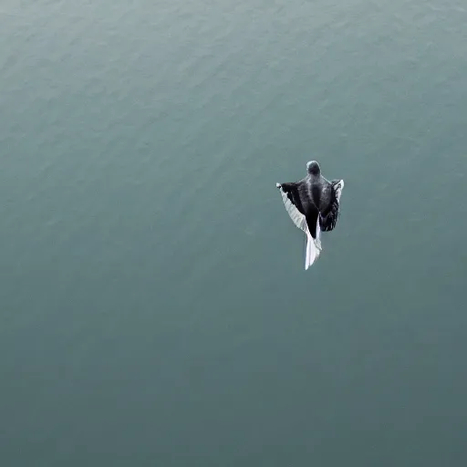 Image similar to simmetrical photo of a seagull flying seen exactly from above. Watching down. Seagull seen from above. 4k still award winning. Pleasant look and colors. Sea on the background.