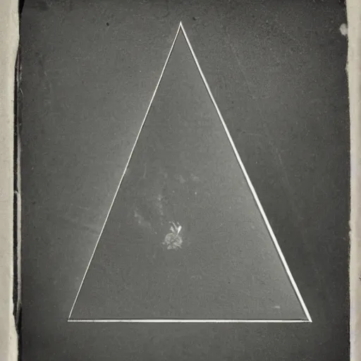 Prompt: grainy 1800s daguerrotype of a floating triangle made out of light and lasers