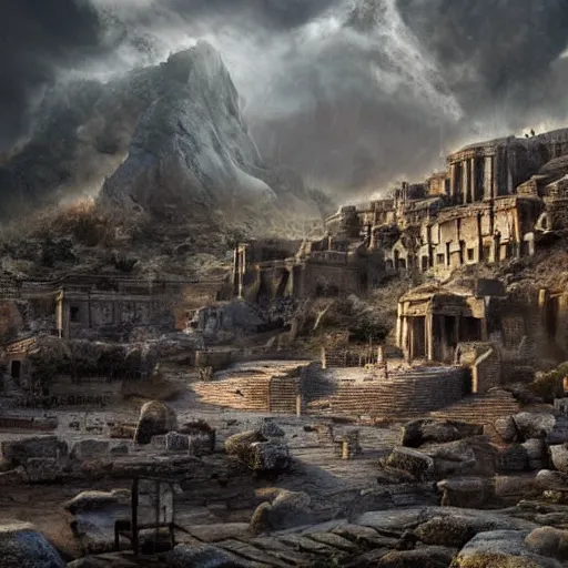 Image similar to A realistic detailed photo of an ancient city, rocks coming out of the ground, fire, dead peoples, destroyed city, foggy landscape, light particles, detailed light, realistic shaders, trending on artisation, detailed textures, detailed, realistic.