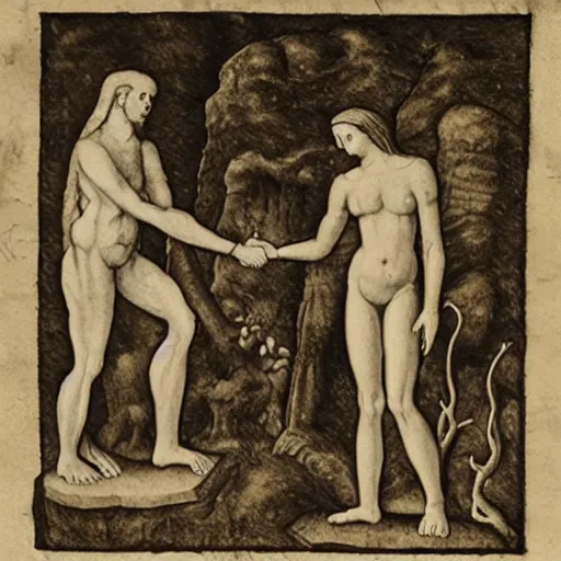 Image similar to adam and eve shaking hands with an anthromorphic snake