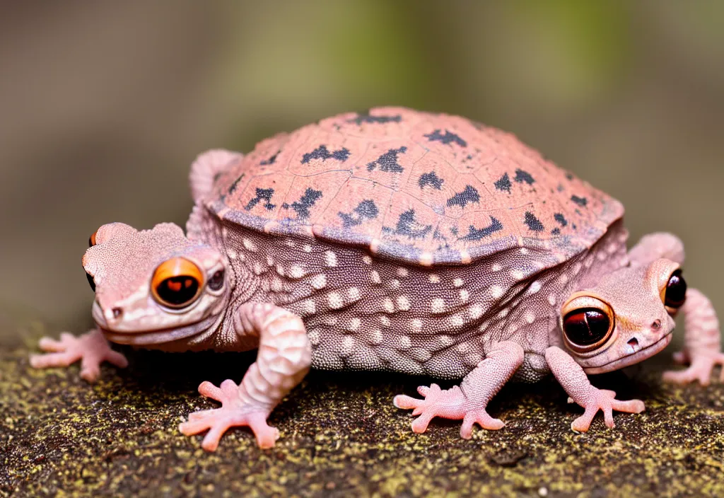 Prompt: Photo of a lone young New Zealand pink gecko tortoise looking at the camera, cute, nature photography, National Geographic, 4k, award winning photo