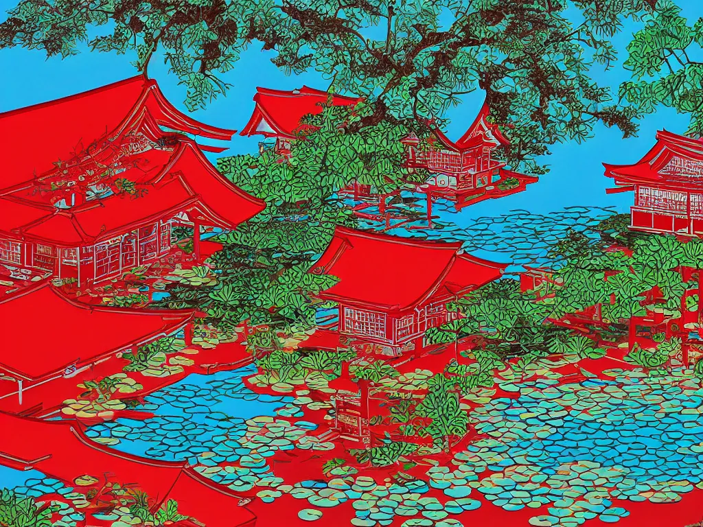 Image similar to close - up image of a japanese red house with a pond, with stormtroopers sitting around it, a combination of pop - art and traditional japanese painting styles, the style of andy warhol, roy lichtenstein and jackie tsai, bright and saturated palette, acrylic on canvas