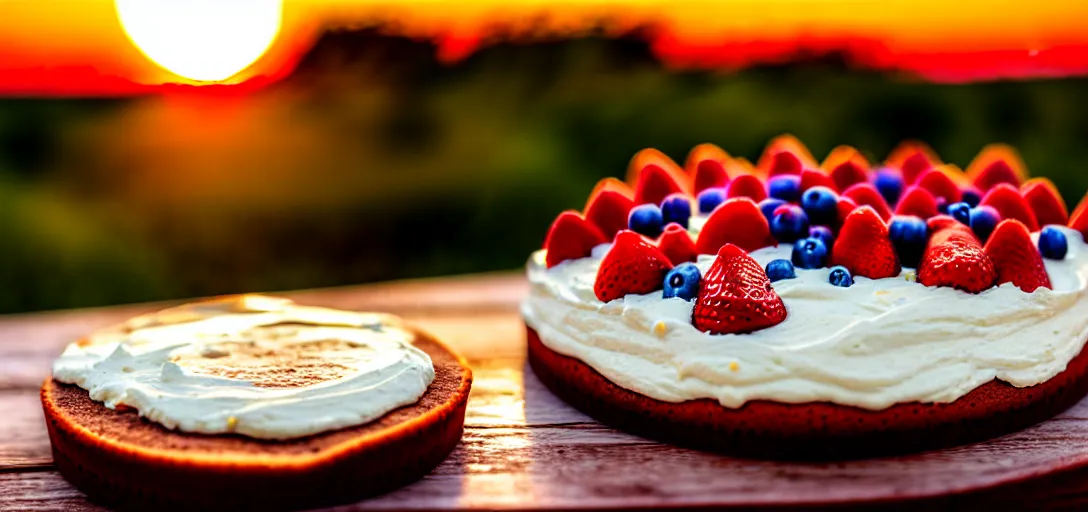 Prompt: A photo of a swedish cake from the side on a wooden table, with cream spread on the sides and strawberries, raspberries and blueberries placed in circles on top. Sunset in the back. 4K. Cinematic lighting. High detail. Realistic. Delicious.