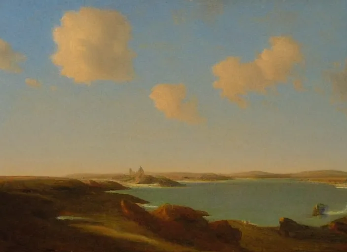 Prompt: texel, the netherlands as the background in the style of hudson river school of art, oil on canvas