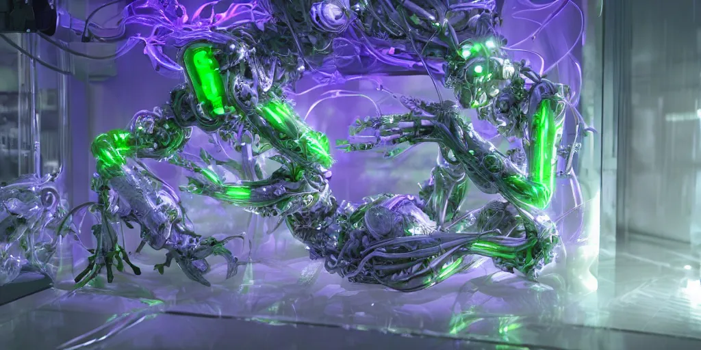 Prompt: a cyborg plant creature from the future sleeping in a neon glass room full of viscous clear liquid, creature has intelligent orchid stems over her head,Highly Detailed, Cinematic Lighting, rim light, hyper real, black and white, photo-realistic Unreal Engine, 8K