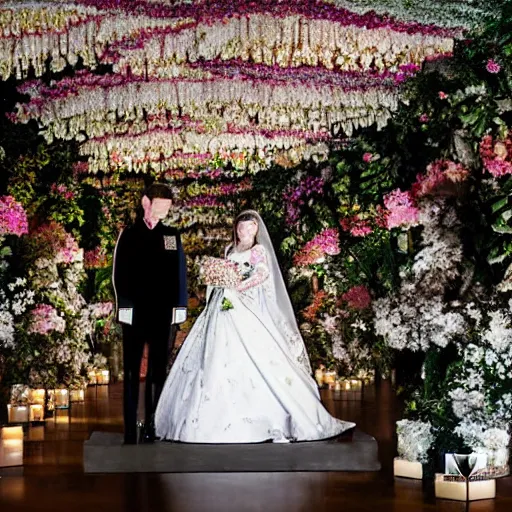 Image similar to A wide full shot, colored black and White Russian and Japanese mix historical fantasy a photograph portrait taken of inside a royal wedding floral covered aisle inspired by a enchanted ethereal forest, 1907 photo from the official wedding photographer for the royal wedding.