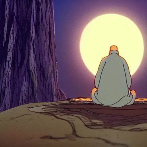 Image similar to a cell - shaded cartoon movie still from princess mononoke ( 1 9 9 7 ) of a middle eastern imam kneeling in prayer. a golden ufo is in the sky. very dull muted colors, hd, 4 k, hq