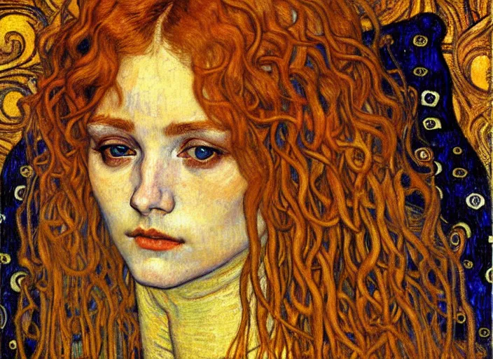 Image similar to detailed realistic beautiful young medieval queen face portrait by jean delville, gustav klimt and vincent van gogh, art nouveau, symbolist, visionary, gothic, pre - raphaelite, muted earthy colors, desaturated