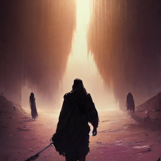 Image similar to Hyperdetailed masterpiece concept art of bedouin walking towards mosque, surrounded by nebula hyperdetailed concept art by Greg Rutkowski and Ross Tran, high quality DnD illustration, trending on ArtStation, all rights reserved Wizards of the Coast