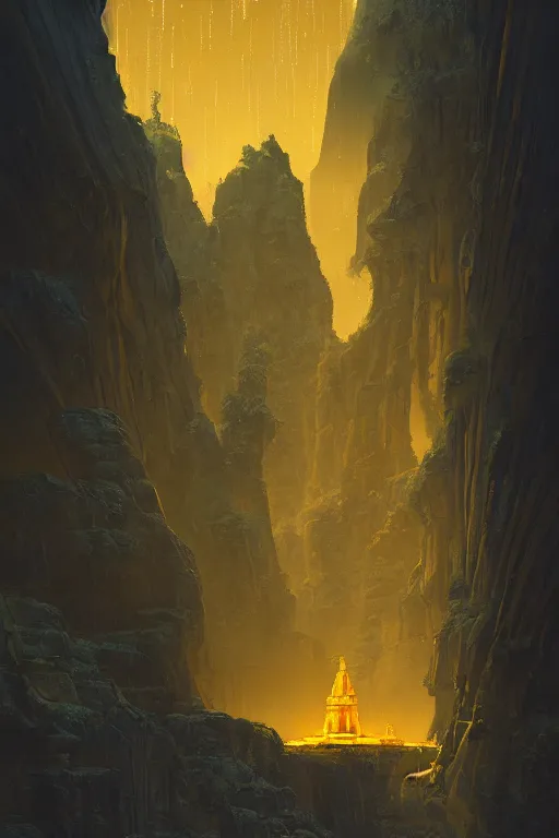 Prompt: ancient temple glowing yellow in a canyon, light streaks in night sky full of stars, dramatic lighting, artstation, matte painting, ralph mcquarrie, simon stalenhag