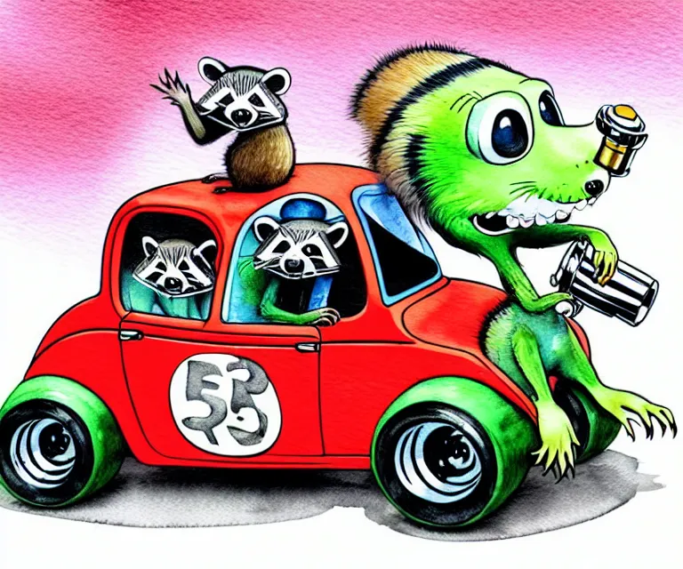 Image similar to cute and funny, racoon riding in a tiny hot rod coupe with oversized engine, ratfink style by ed roth, centered award winning watercolor pen illustration, isometric illustration by chihiro iwasaki, edited by range murata