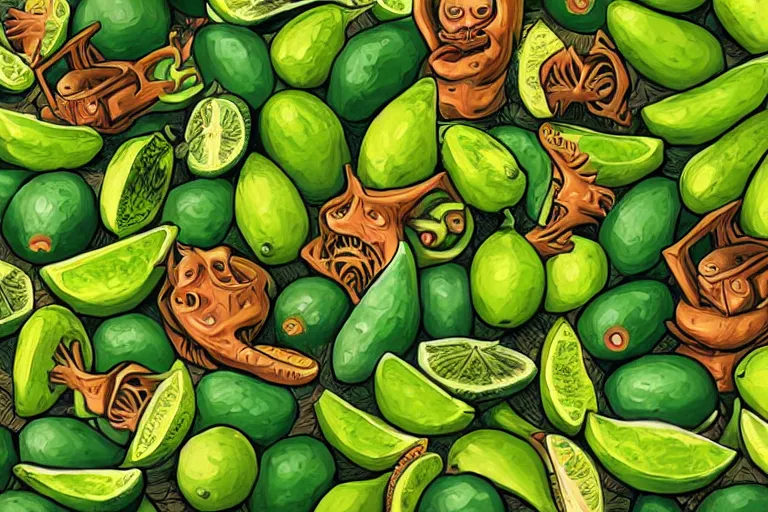 Prompt: mexican limes by lovecraft by tim shumate, mexican themes, 8 k, highly detailed, concept art, cmyk colors