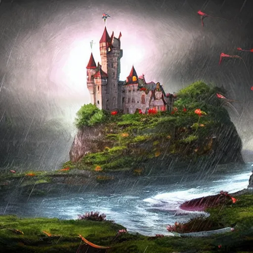 Image similar to castle, raining, celestia, eden, river, fantasy artwork, award winning, very very very very very very very beautiful scenery, artstation