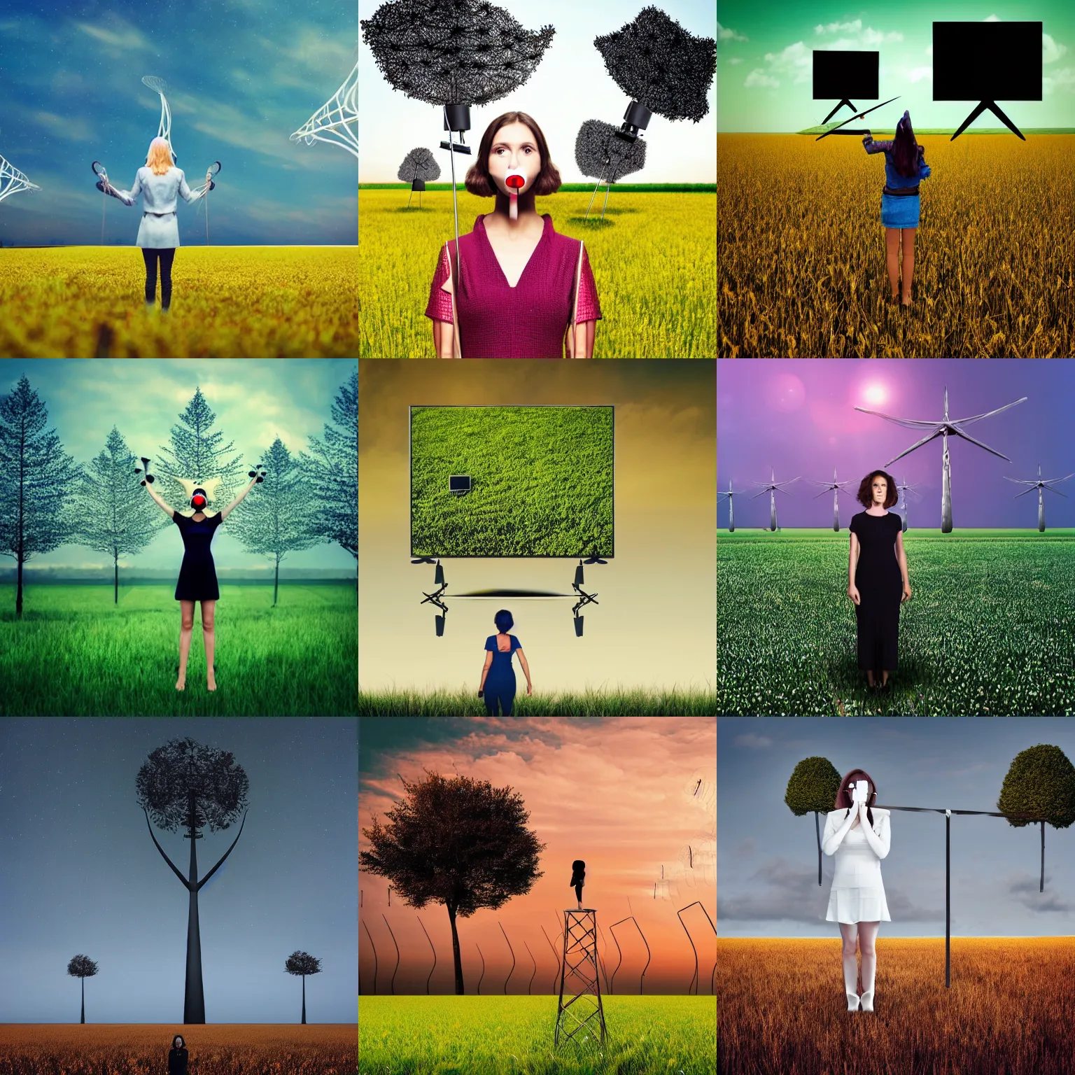 Prompt: woman with a television face standing in field with antennas trees, surreal photography