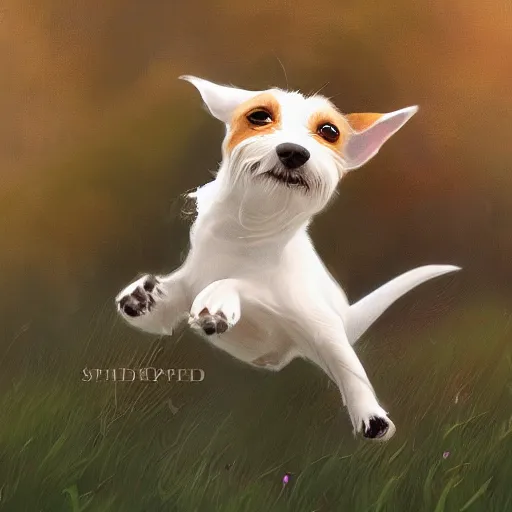 Image similar to adorable jack russel terrier jumping over a white picket fence, fantasy art, artstation character design contest winner, trending on cgsociety, concept art, speedpaint, beautiful digital art, jesper ejsing, james jean, justin gerard, fenghua zhong, makoto shinkai, highly detailed