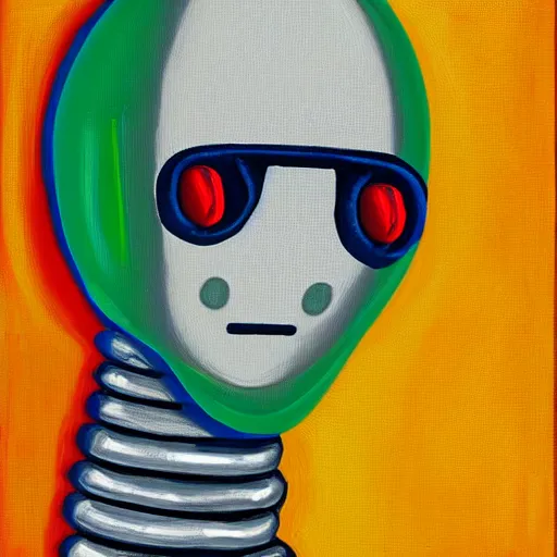 Image similar to portrait of a robot, eggs on canvas